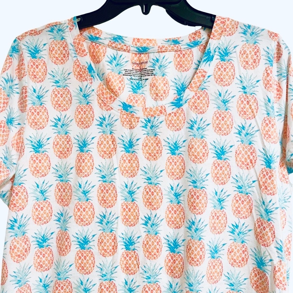 Sleep Sense Women's L Large Sleep PJ Top Short Sleeve Scoop Neck Pineapples Teal - Picture 2 of 10
